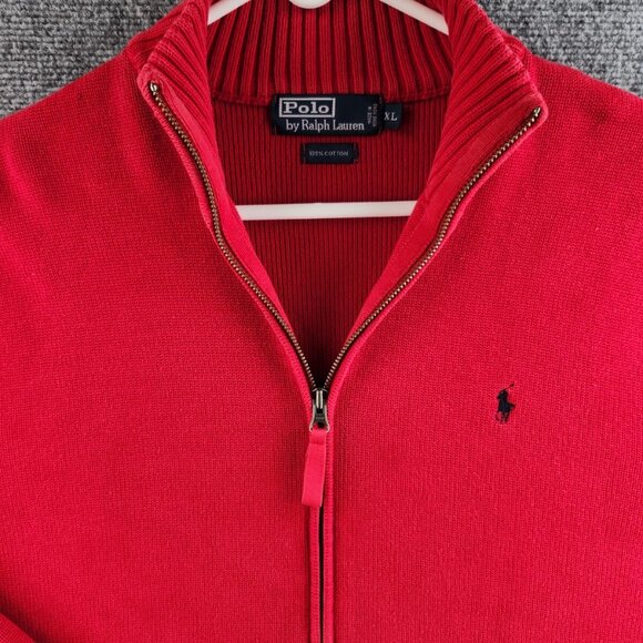 Polo Ralph Lauren Full Zip XL Red Knit Blue Pony Logo Cotton Men Jacket Sweater - Picture 3 of 15